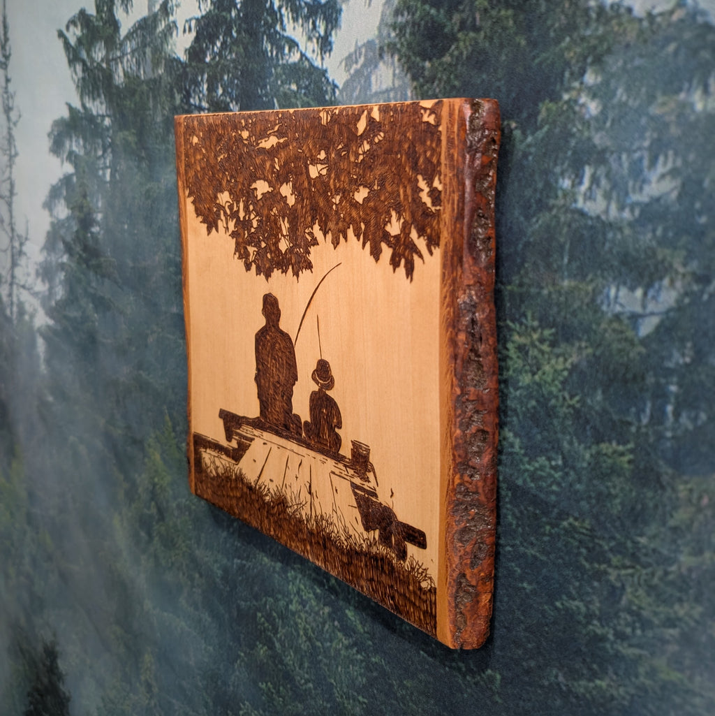 Dad with Son Fishing Hand Burned Wall Hanging